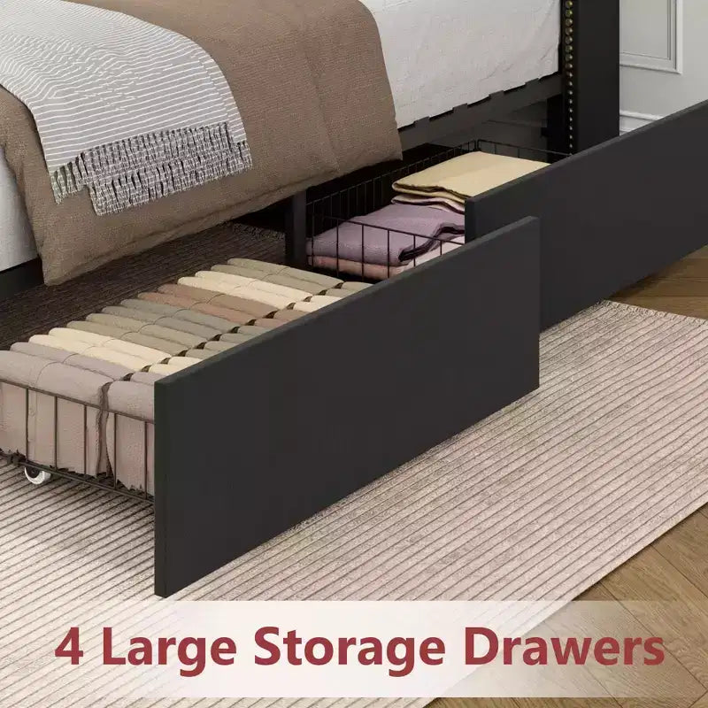Struttura Letto a Piattaforma in Velluto Nero con Cassetti Contenitori e Testiera con Ripiani – Matrimoniale Francese/Matrimoniale Standard/King Size, Fino a 2 Persone