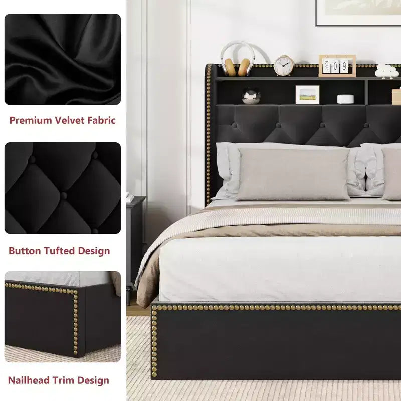 Struttura Letto a Piattaforma in Velluto Nero con Cassetti Contenitori e Testiera con Ripiani – Matrimoniale Francese/Matrimoniale Standard/King Size, Fino a 2 Persone
