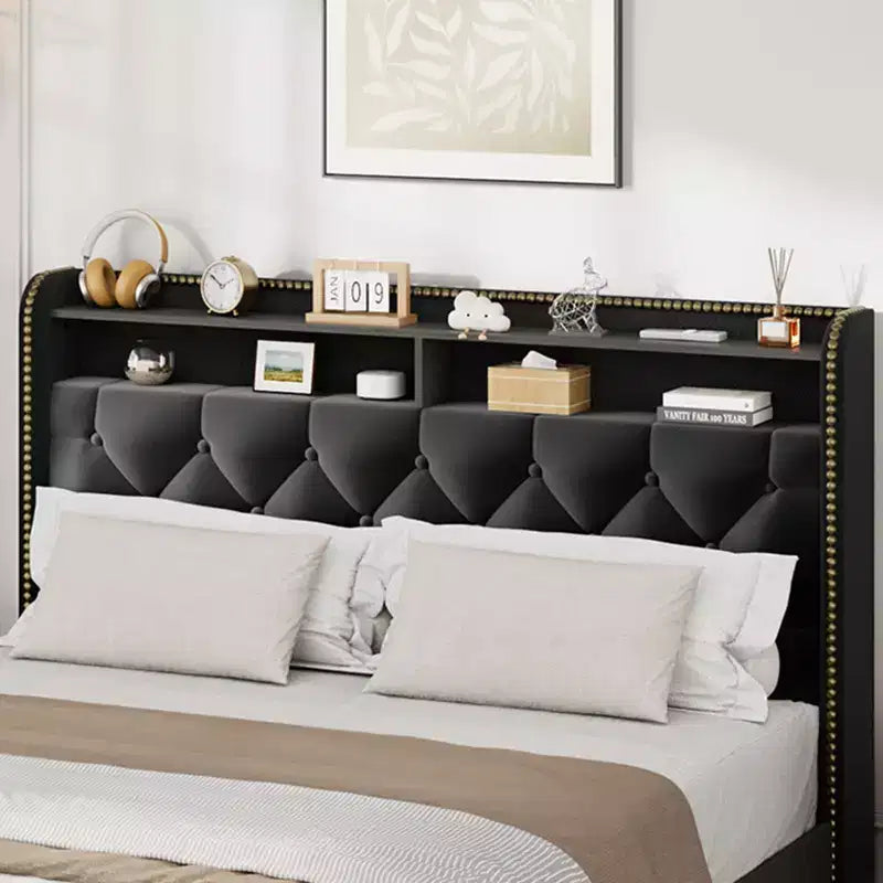 Struttura Letto a Piattaforma in Velluto Nero con Cassetti Contenitori e Testiera con Ripiani – Matrimoniale Francese/Matrimoniale Standard/King Size, Fino a 2 Persone