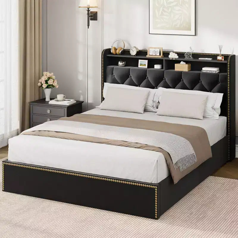 Struttura Letto a Piattaforma in Velluto Nero con Cassetti Contenitori e Testiera con Ripiani – Matrimoniale Francese/Matrimoniale Standard/King Size, Fino a 2 Persone