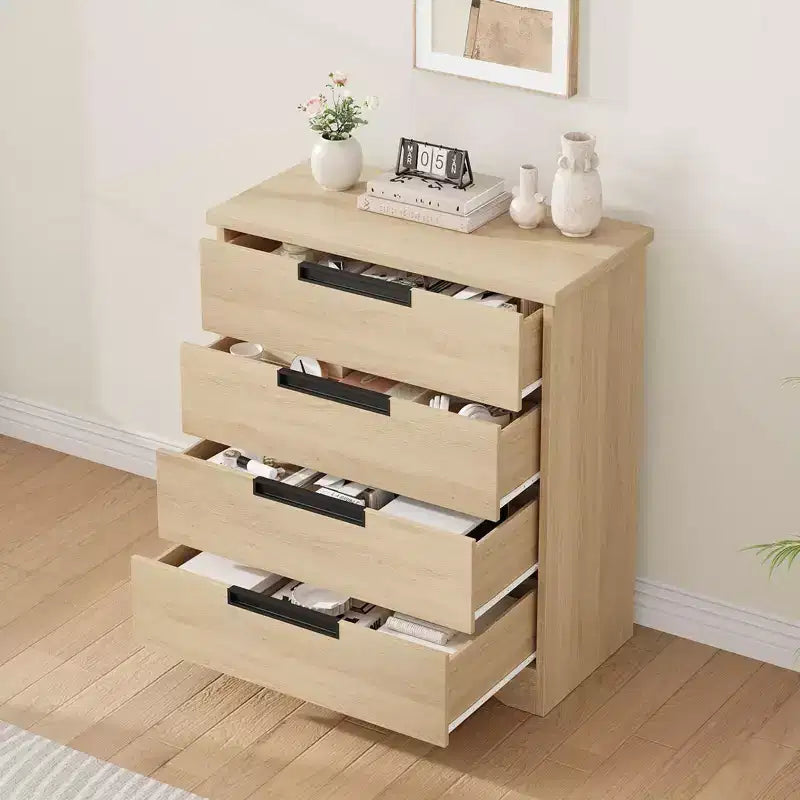 Cassettiera a 4 cassetti, Bianco Antico / Colore Legno, Uso Singolo