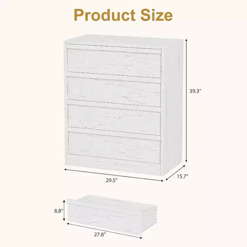 Cassettiera a 4 cassetti, Bianco Antico / Colore Legno, Uso Singolo