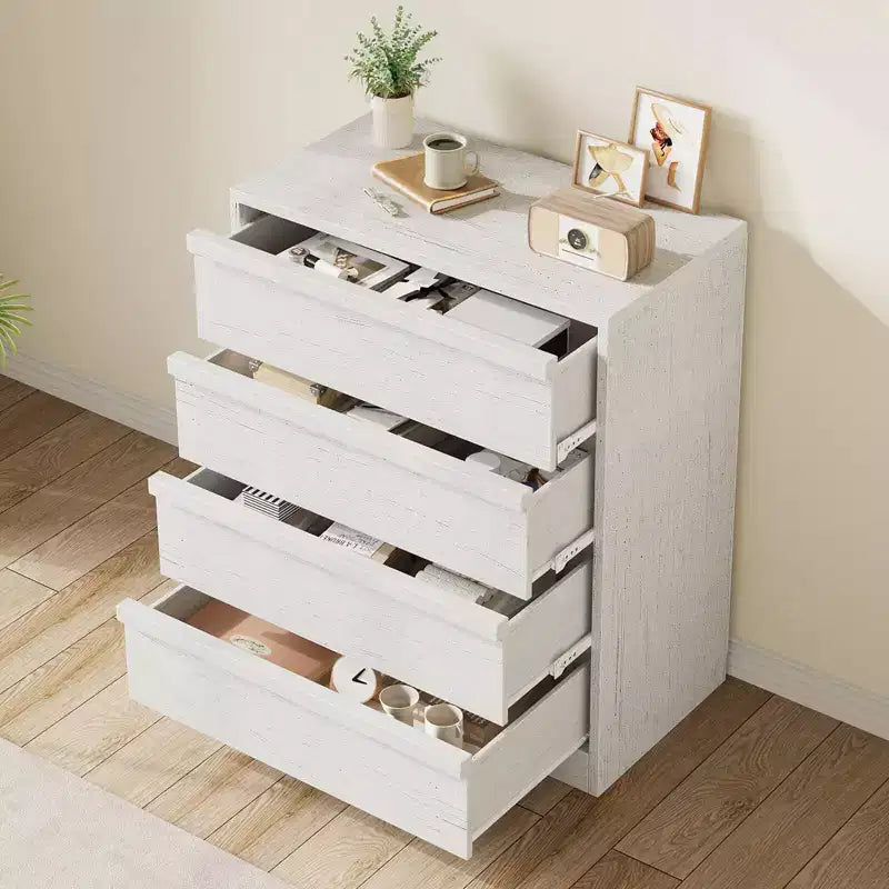 Cassettiera a 4 cassetti, Bianco Antico / Colore Legno, Uso Singolo