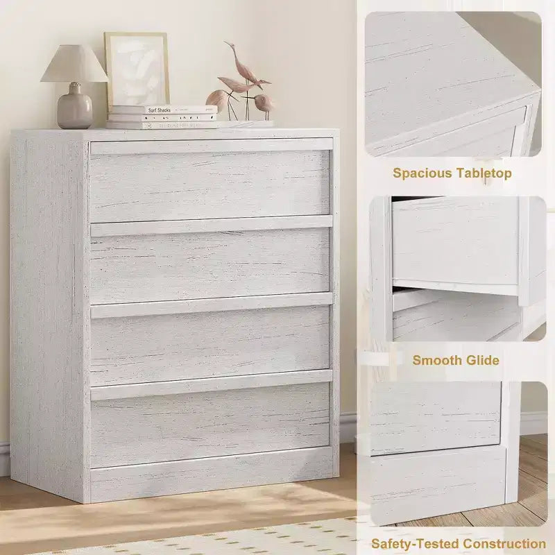 Cassettiera a 4 cassetti, Bianco Antico / Colore Legno, Uso Singolo
