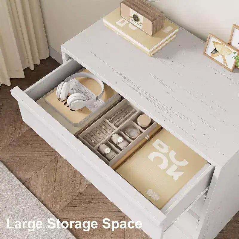 Cassettiera a 4 cassetti, Bianco Antico / Colore Legno, Uso Singolo