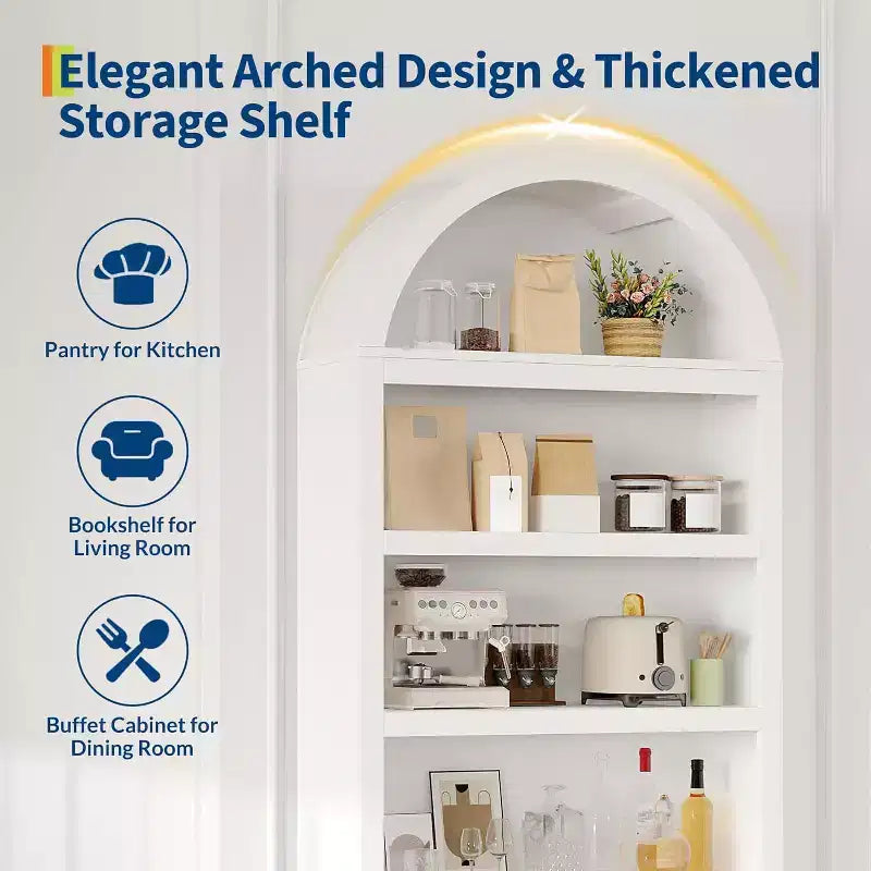 Noce / Bianco / Color Legno, Maniglia Oro, Libreria ad Arco da 71" con 6 Ripiani, Cassetto e Armadietto, Montaggio per 1 Persona