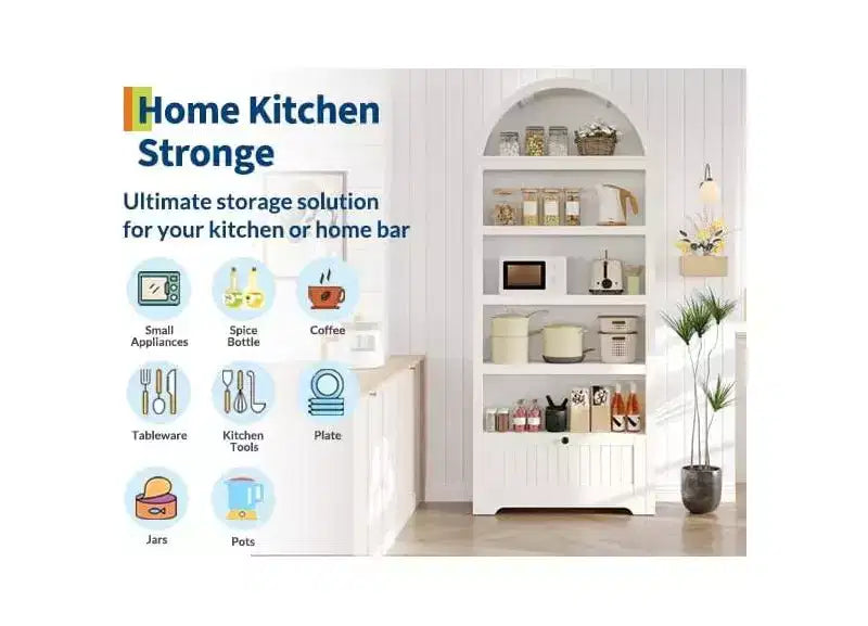 Noce / Bianco / Color Legno, Maniglia Oro, Libreria ad Arco da 71" con 6 Ripiani, Cassetto e Armadietto, Montaggio per 1 Persona