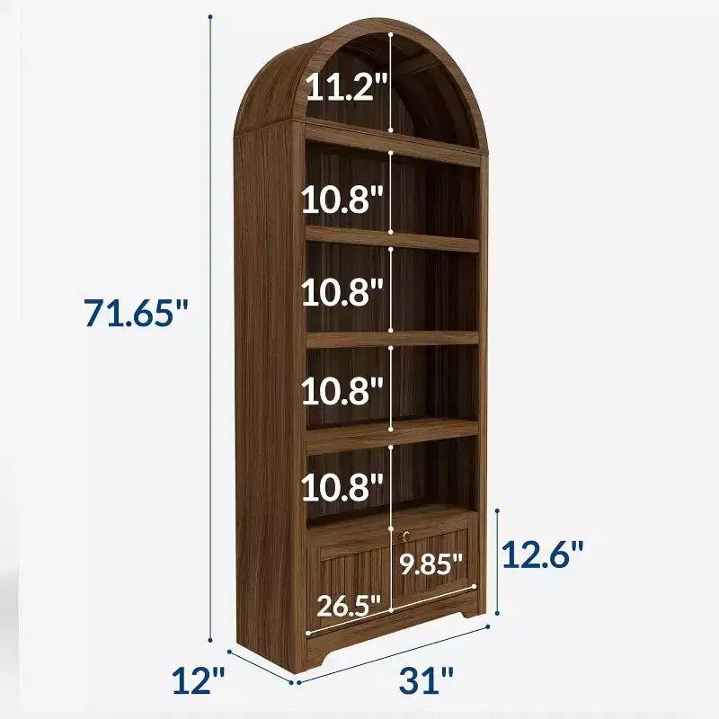 Noce / Bianco / Color Legno, Maniglia Oro, Libreria ad Arco da 71" con 6 Ripiani, Cassetto e Armadietto, Montaggio per 1 Persona