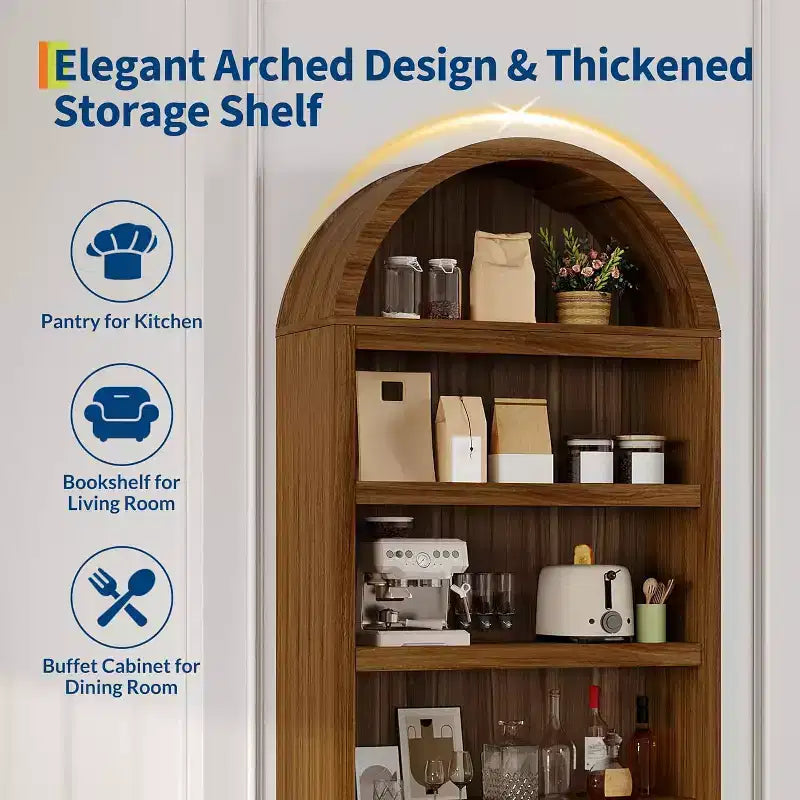Noce / Bianco / Color Legno, Maniglia Oro, Libreria ad Arco da 71" con 6 Ripiani, Cassetto e Armadietto, Montaggio per 1 Persona