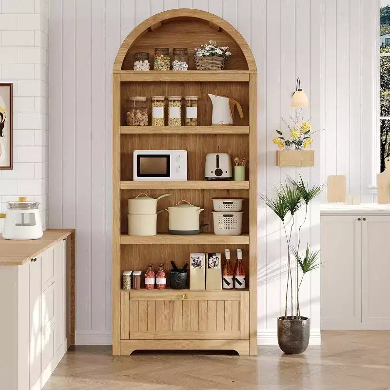 Noce / Bianco / Color Legno, Maniglia Oro, Libreria ad Arco da 71" con 6 Ripiani, Cassetto e Armadietto, Montaggio per 1 Persona