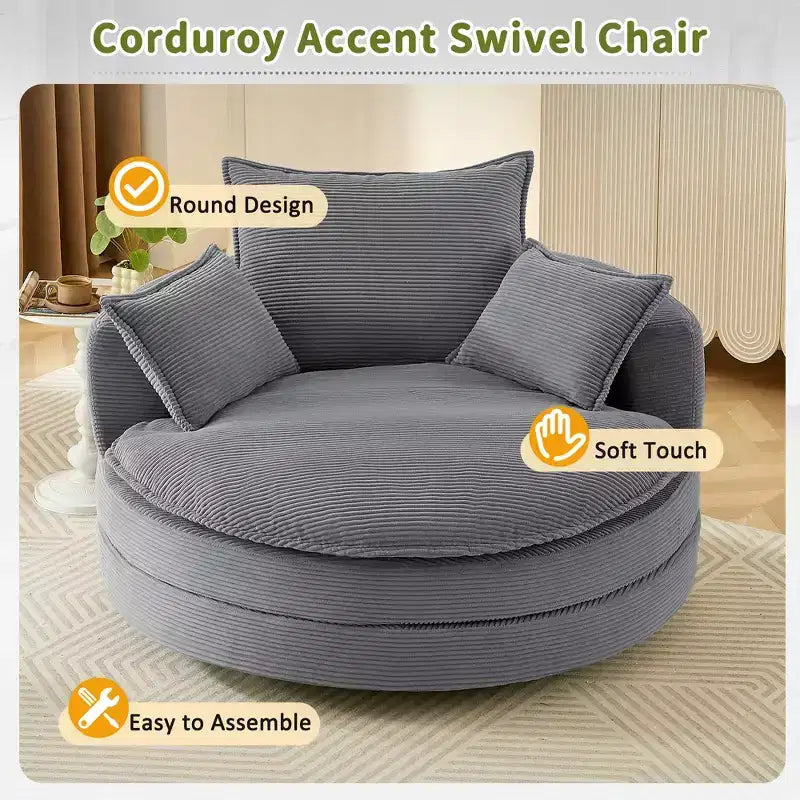 Poltrona a botte girevole a 360° in velluto a coste beige / nera / blu / grigia / verde / rossa, a sedile singolo