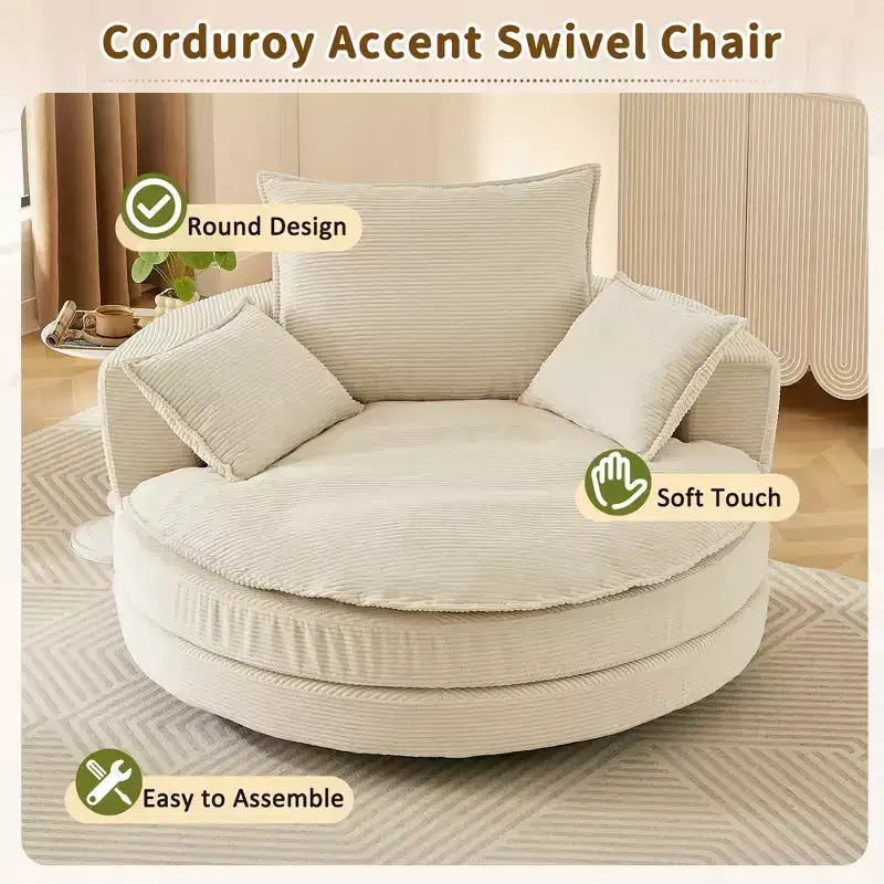 Poltrona a botte girevole a 360° in velluto a coste beige / nera / blu / grigia / verde / rossa, a sedile singolo