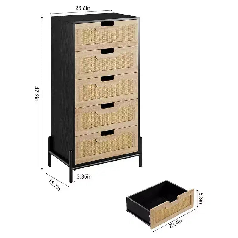 Cassettiera a 5 cassetti in rattan Black+Oak / Oak con gambe in metallo