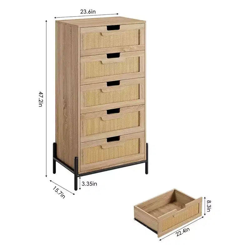 Cassettiera a 5 cassetti in rattan Black+Oak / Oak con gambe in metallo
