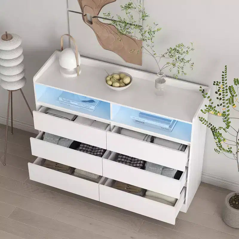 Madia rettangolare bianca con 6 cassetti e LED, per adulti