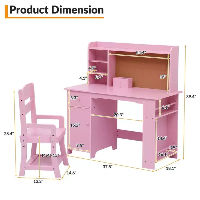 Set scrivania e sedia per bambini rosa per 1 bambino, età 3-8 anni, con libreria, cassetto e bacheca