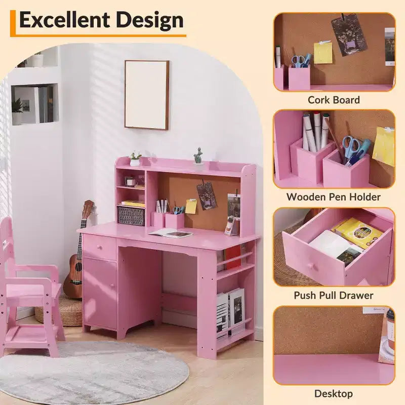 Set scrivania e sedia per bambini rosa per 1 bambino, età 3-8 anni, con libreria, cassetto e bacheca