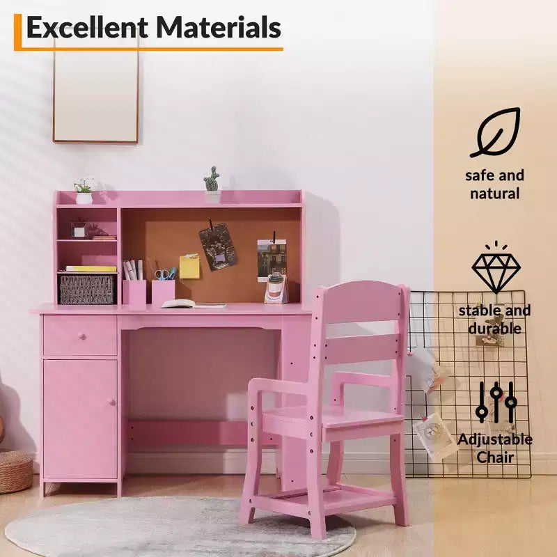 Set scrivania e sedia per bambini rosa per 1 bambino, età 3-8 anni, con libreria, cassetto e bacheca