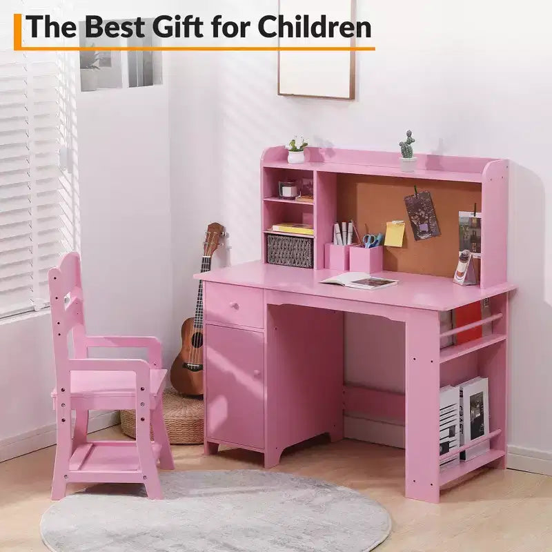 Set scrivania e sedia per bambini rosa per 1 bambino, età 3-8 anni, con libreria, cassetto e bacheca