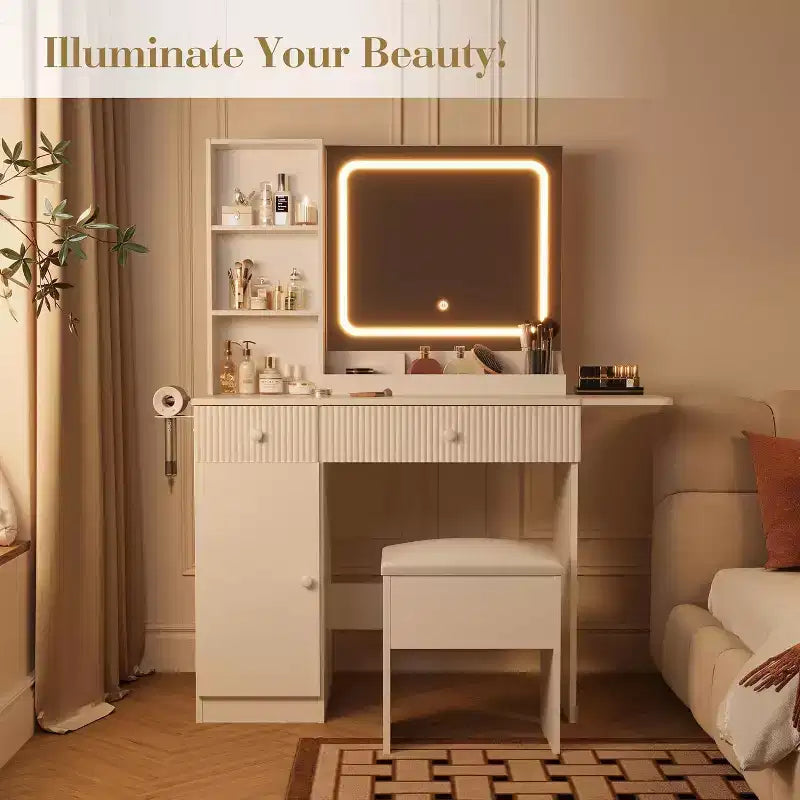 Toeletta Rosa / Bianca / Legno con Specchio Illuminato, Cassetti e Sgabello – 1 Persona
