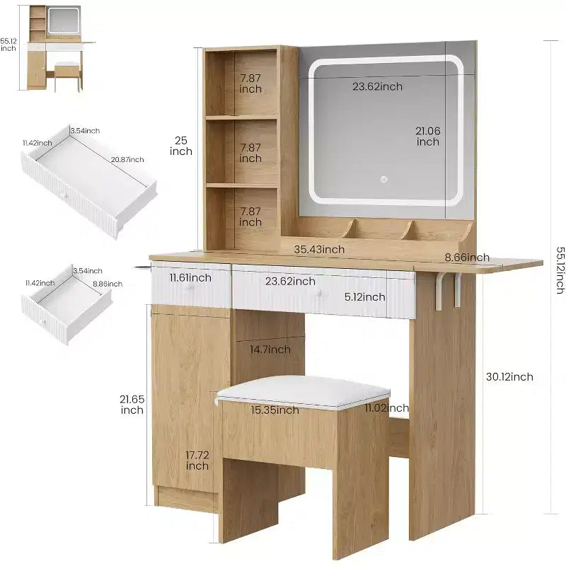 Toeletta Rosa / Bianca / Legno con Specchio Illuminato, Cassetti e Sgabello – 1 Persona