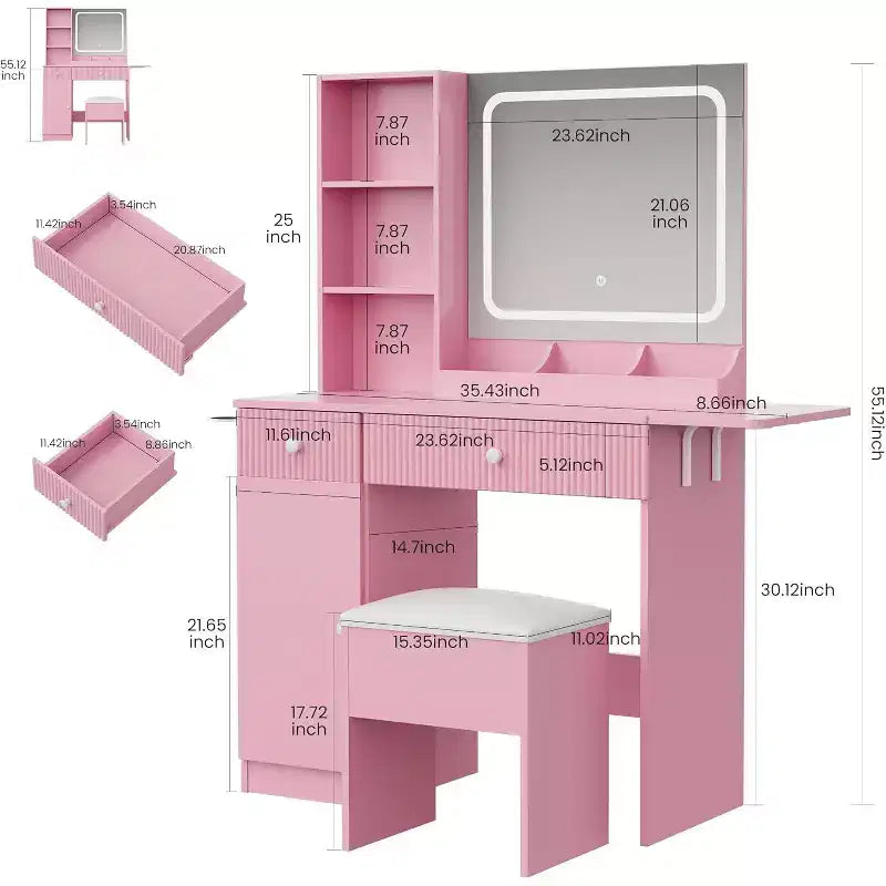 Toeletta Rosa / Bianca / Legno con Specchio Illuminato, Cassetti e Sgabello – 1 Persona