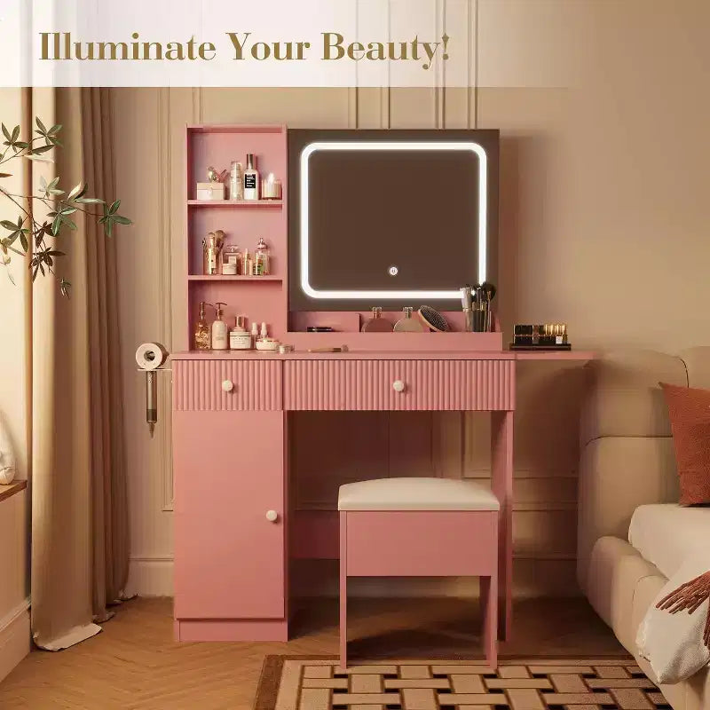Toeletta Rosa / Bianca / Legno con Specchio Illuminato, Cassetti e Sgabello – 1 Persona