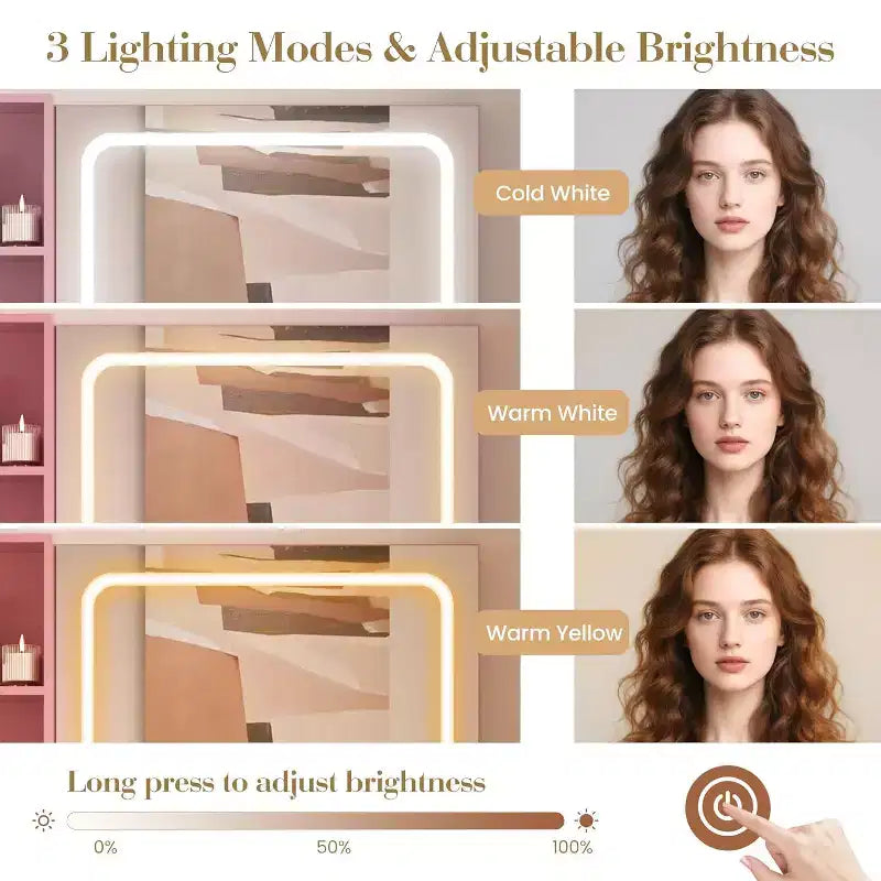 Toeletta Rosa / Bianca / Legno con Specchio Illuminato, Cassetti e Sgabello – 1 Persona