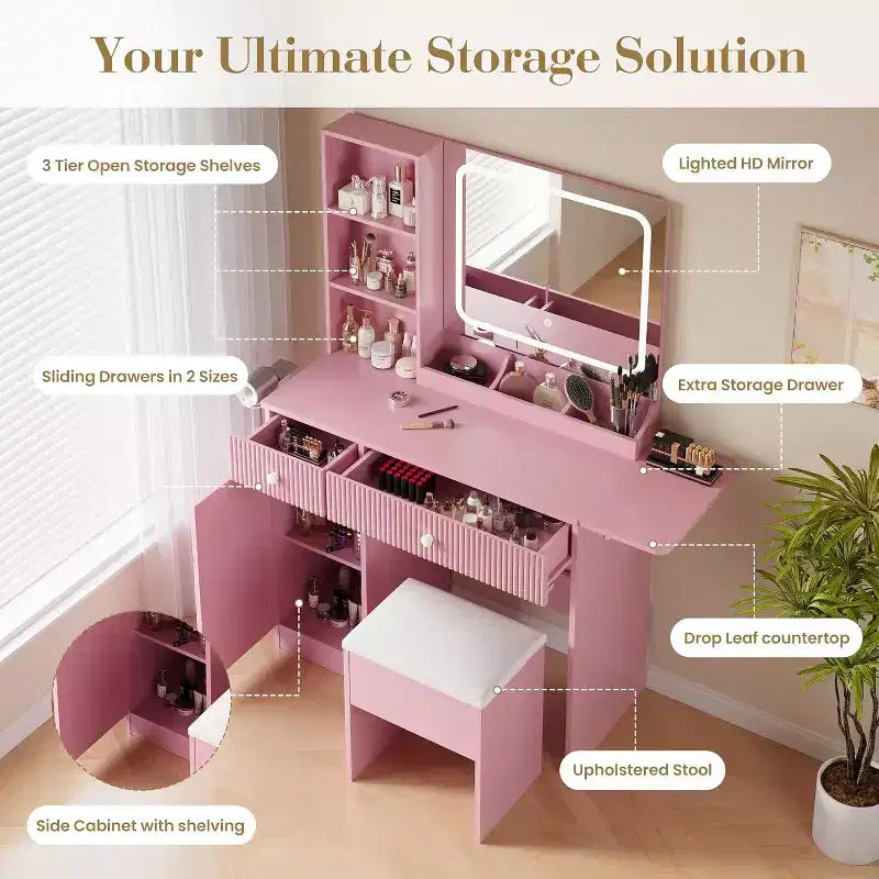 Toeletta Rosa / Bianca / Legno con Specchio Illuminato, Cassetti e Sgabello – 1 Persona
