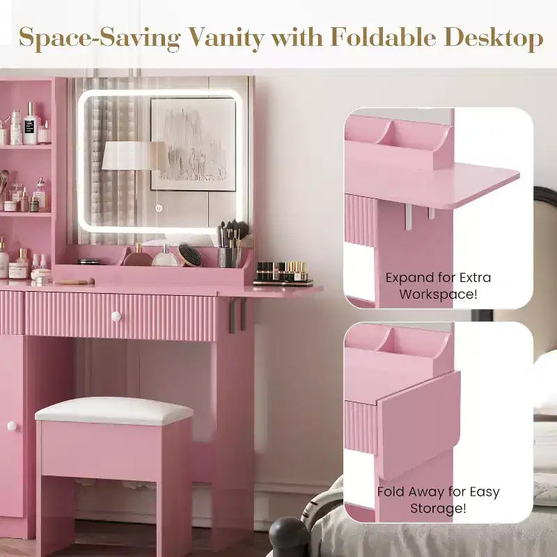 Toeletta Rosa / Bianca / Legno con Specchio Illuminato, Cassetti e Sgabello – 1 Persona
