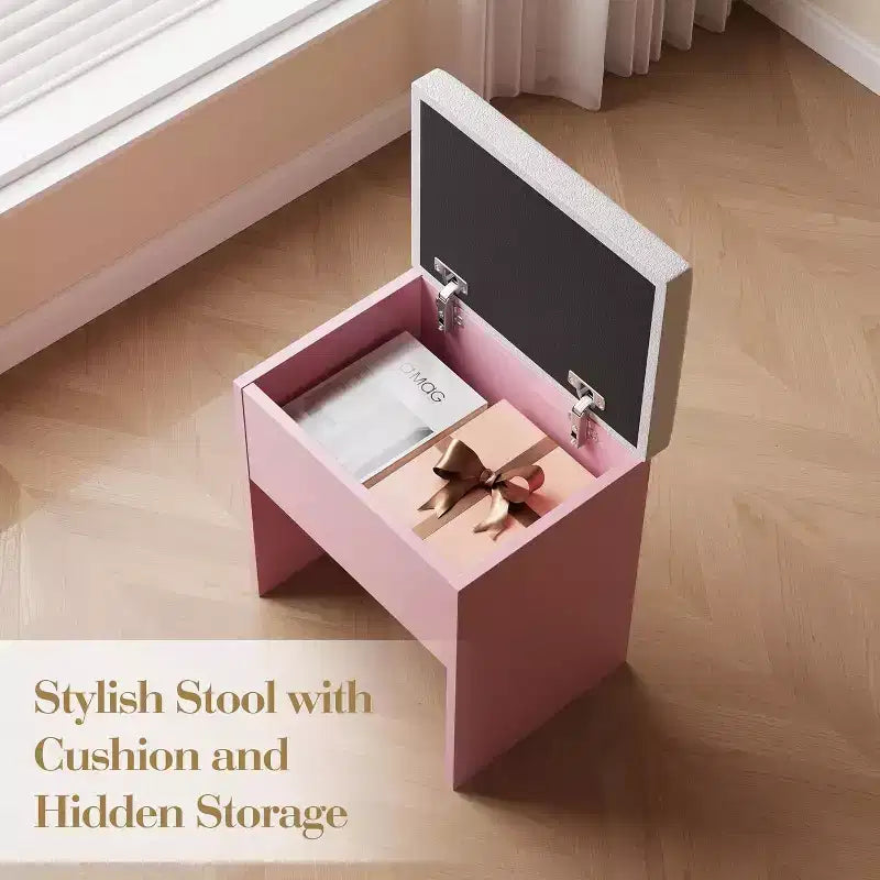 Toeletta Rosa / Bianca / Legno con Specchio Illuminato, Cassetti e Sgabello – 1 Persona