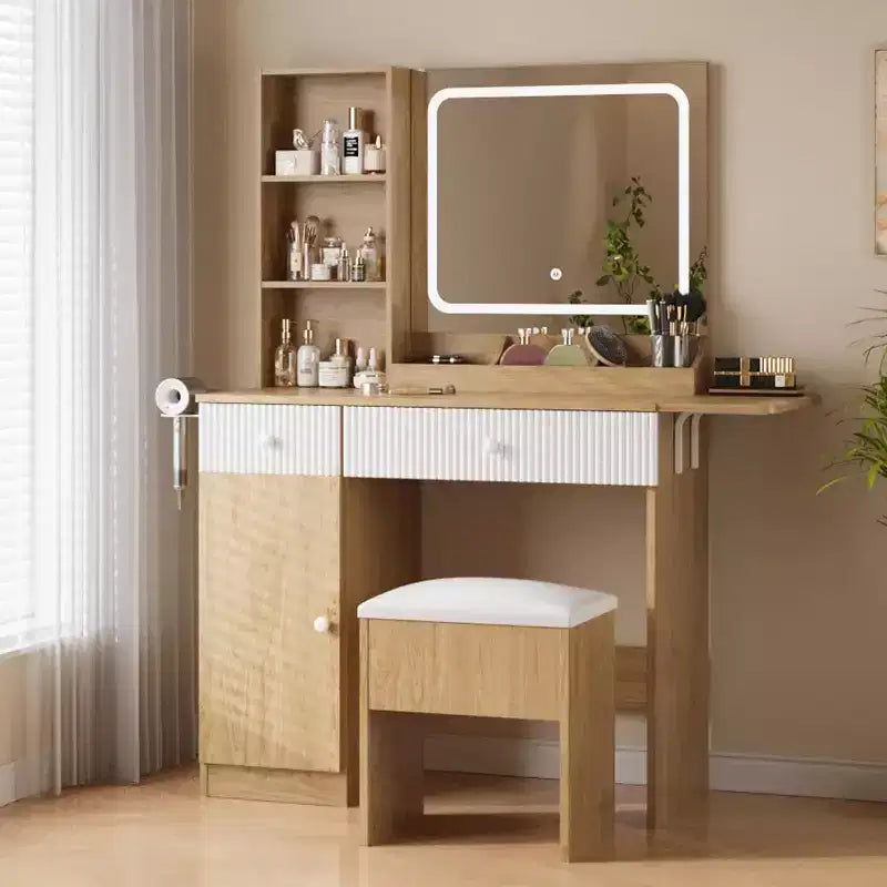 Toeletta Rosa / Bianca / Legno con Specchio Illuminato, Cassetti e Sgabello – 1 Persona
