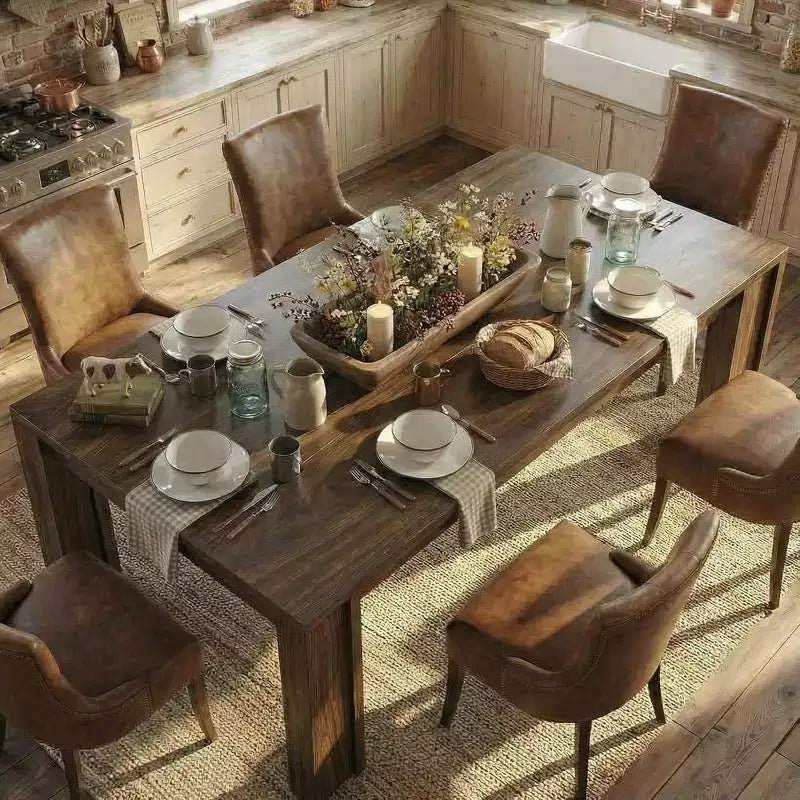 Tavolo da pranzo rettangolare marrone, con gambe a H, 6-8 posti
