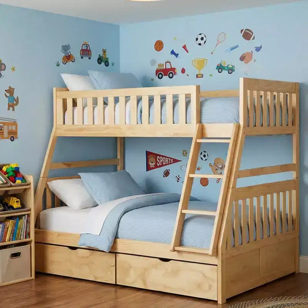 Legno Naturale, Letto a Castello Matrimoniale con Cassetti Contenitore, per 2 Persone
