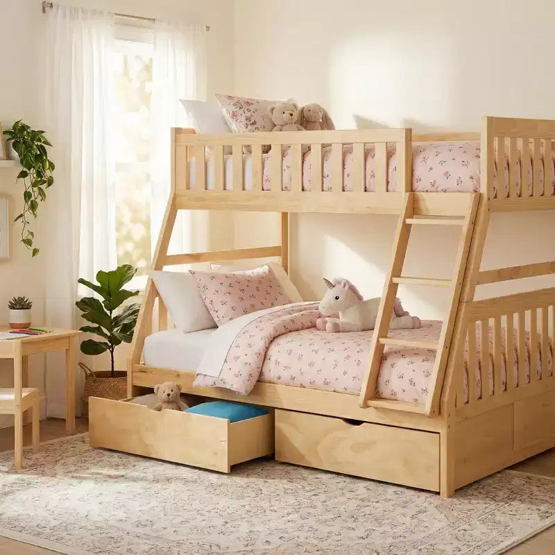Legno Naturale, Letto a Castello Matrimoniale con Cassetti Contenitore, per 2 Persone