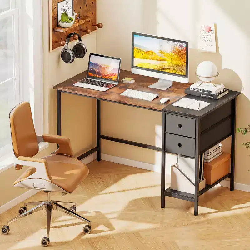 Scrivania per computer a 2 cassetti Marrone Rustico e Nera per 1