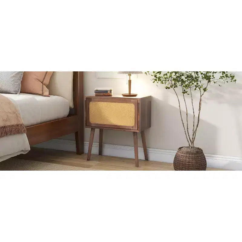 Comodino in Rattan Beige con Cassetto a Scomparsa e Vani Nascosti, Assemblaggio per 1 Persona