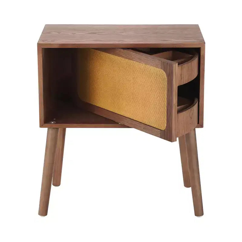 Comodino in Rattan Beige con Cassetto a Scomparsa e Vani Nascosti, Assemblaggio per 1 Persona