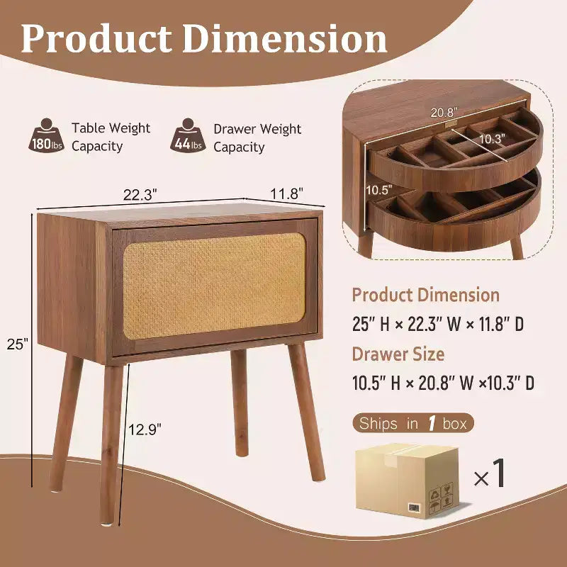 Comodino in Rattan Beige con Cassetto a Scomparsa e Vani Nascosti, Assemblaggio per 1 Persona