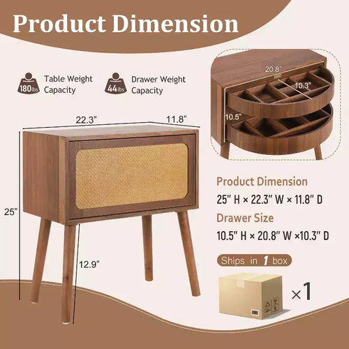 Comodino in Rattan Beige con Cassetto a Scomparsa e Vani Nascosti, Assemblaggio per 1 Persona