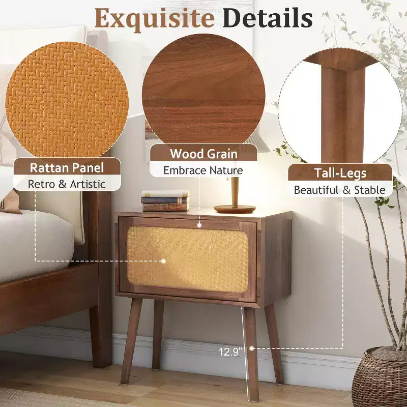 Comodino in Rattan Beige con Cassetto a Scomparsa e Vani Nascosti, Assemblaggio per 1 Persona