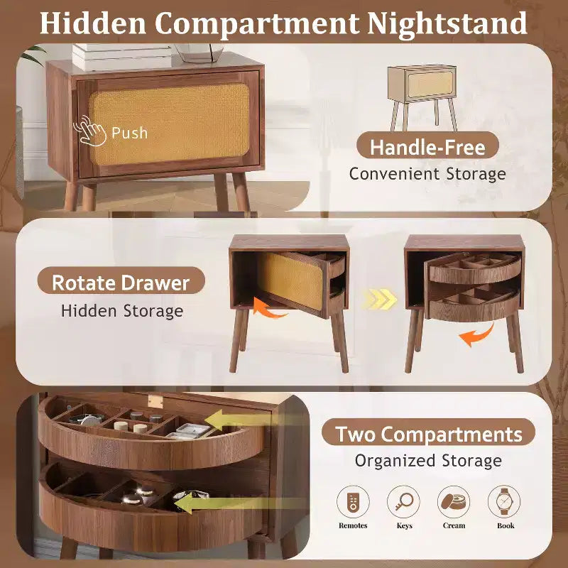 Comodino in Rattan Beige con Cassetto a Scomparsa e Vani Nascosti, Assemblaggio per 1 Persona