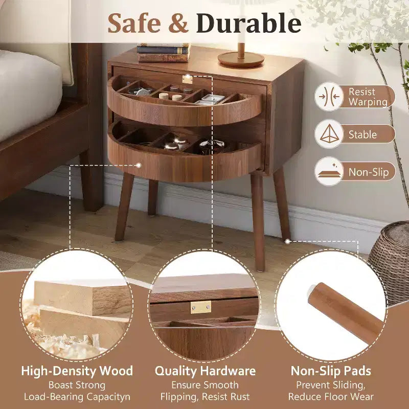 Comodino in Rattan Beige con Cassetto a Scomparsa e Vani Nascosti, Assemblaggio per 1 Persona