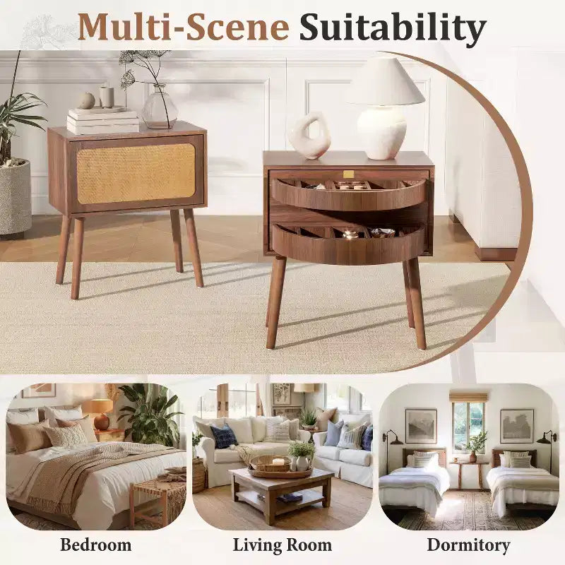 Comodino in Rattan Beige con Cassetto a Scomparsa e Vani Nascosti, Assemblaggio per 1 Persona