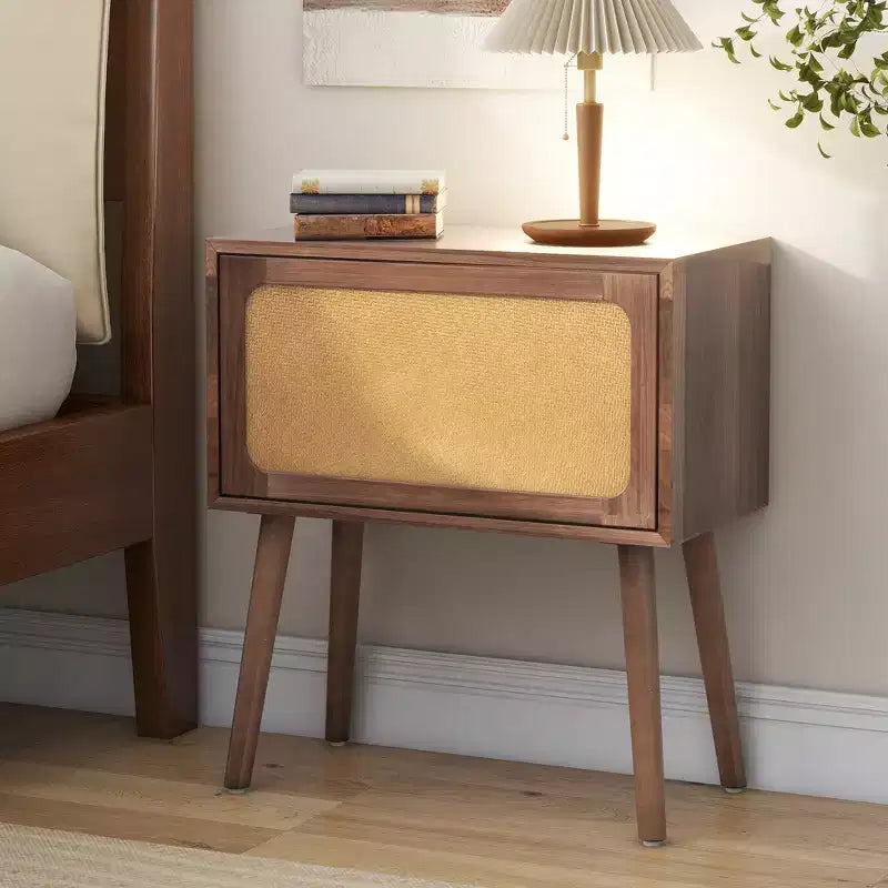 Comodino in Rattan Beige con Cassetto a Scomparsa e Vani Nascosti, Assemblaggio per 1 Persona