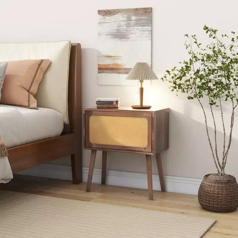 Comodino in Rattan Beige con Cassetto a Scomparsa e Vani Nascosti, Assemblaggio per 1 Persona