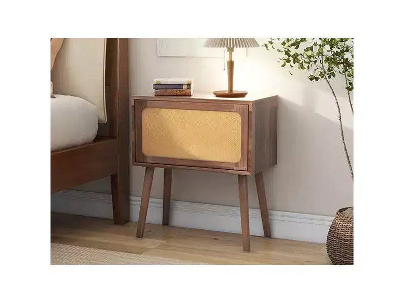 Comodino in Rattan Beige con Cassetto a Scomparsa e Vani Nascosti, Assemblaggio per 1 Persona