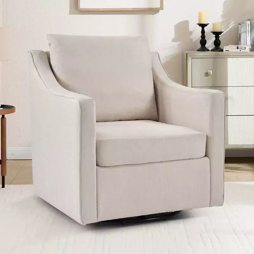 Poltrona girevole quadrata, colore beige/avena, rivestita in lino, 1 posto