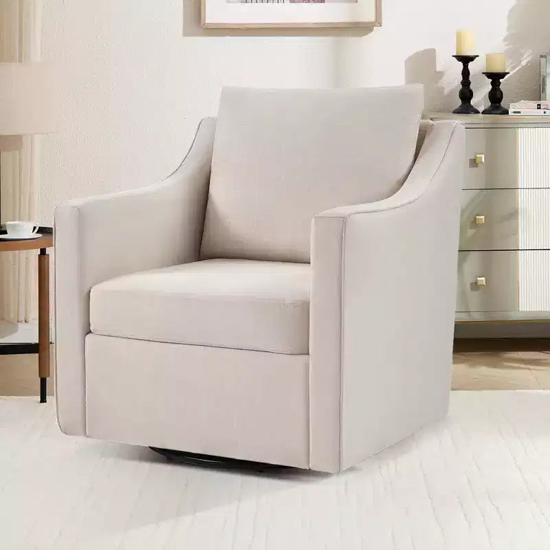 Poltrona girevole quadrata, colore beige/avena, rivestita in lino, 1 posto