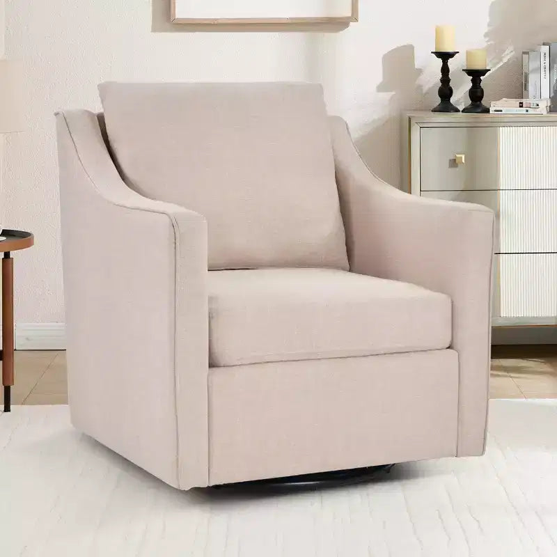 Poltrona girevole quadrata, colore beige/avena, rivestita in lino, 1 posto